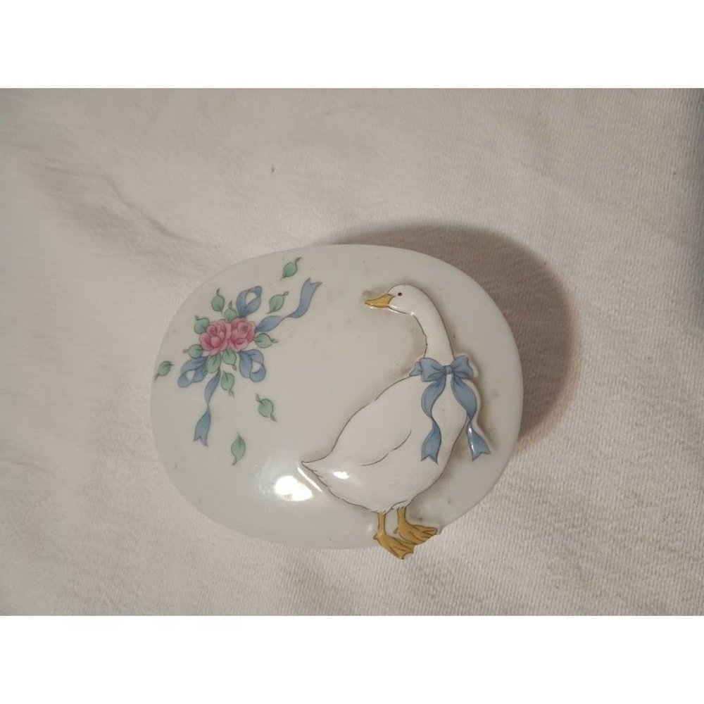 Vintage ceramic blue bow white goose trinket box